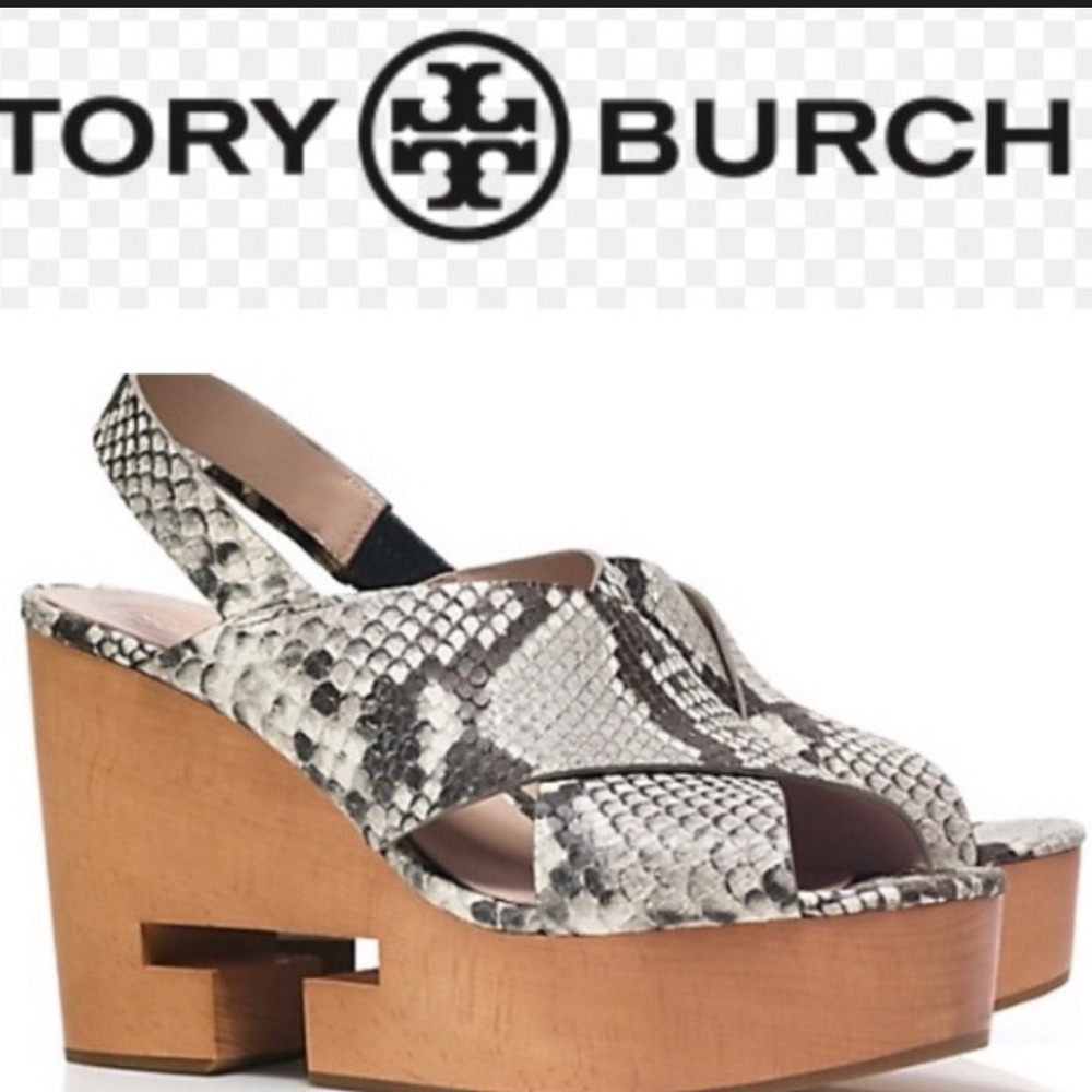 Tory Burch Snakeskin Embossed Leather Platform‎ Wedge Sandals Grey Black White